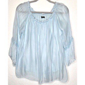 NT BY Amati Womens Blouse Sky Blue Long Silk Sheer Embroidered Coquette Top 0S
